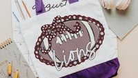 personalized seersucker football tote bag for school, maroon school spirit bag with name, senior gifts for cheerleaders, football cheer mom
