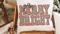 merry and bright preppy Christmas throw pillows for couch red and green seersucker Christmas decor, holiday hosting decor home decor gift