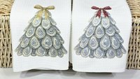 oyster shell Christmas tree kitchen towels for winter, oyster Christmas home decor gifts for Mom, oyster shell Christmas wreath hand towels