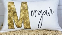 personalized gold sparkle name pillow for dorm, teen girl gifts, lumbar bed pillow for reading, cute pillows for girls, unique gifts for