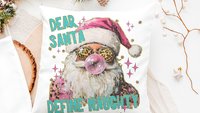 dear Santa define good define naughty pink Christmas throw pillows for couch, leopard print pillow Christmas gifts for new home, Santa Claus
