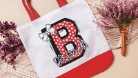 personalized gold coquette initial tote bag with name, school spirit gear, cheer tote bag for girls, college student gift, cheerleader gifts