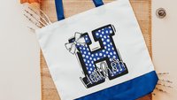 personalized gold coquette initial tote bag with name, school spirit gear, cheer tote bag for girls, college student gift, cheerleader gifts