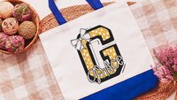 personalized gold coquette initial tote bag with name, school spirit gear, cheer tote bag for girls, college student gift, cheerleader gifts