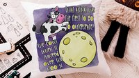 funny cow throw pillow for kids, nursery rhyme nursery decor, reading nook pillow, cute cow gifts for cow lovers, cow jumped over the moon