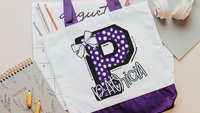 personalized gold coquette initial tote bag with name, school spirit gear, cheer tote bag for girls, college student gift, cheerleader gifts