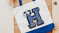 personalized initial tote bag for daughter, royal blue coquette Christmas gifts for girls, custom name tote book bag for school, secret