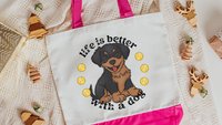 life is better with dogs rottweiler tote bag for women, rottie mama rottweiler gifts, reusable shopping bag, dog lover gift for her, cute