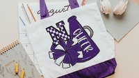 personalized royal purple cheerleader tote bag for teen girls, team colors cheer accessories for girls, cheer squad gifts, initial tote bag