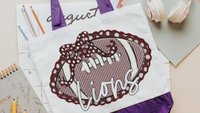 personalized orange seersucker football tote bag for cheer squad gifts, orange school spirit bag with name, Christmas gifts for cheerleaders