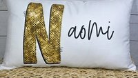 personalized gold sparkle name pillow for dorm, teen girl gifts, lumbar bed pillow for reading, cute pillows for girls, unique gifts for