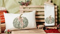 oyster shell pumpkin decorative pillows for breakfast nook, nautical pumpkins autumn kitchen towels, Thanksgiving hosting gift, fall coastal