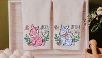 blue chinoiserie Easter bunny kitchen towel for Mom, pink toile de jouy Happy Easter hand towels for bathroom, grand millennial Easter tea