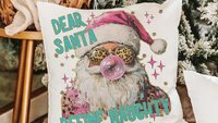 dear Santa define good define naughty pink Christmas throw pillows for couch, leopard print pillow Christmas gifts for new home, Santa Claus