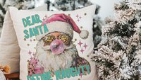 dear Santa define good define naughty pink Christmas throw pillows for couch, leopard print pillow Christmas gifts for new home, Santa Claus