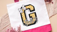 personalized gold coquette initial tote bag with name, school spirit gear, cheer tote bag for girls, college student gift, cheerleader gifts