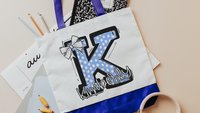 personalized gold coquette initial tote bag with name, school spirit gear, cheer tote bag for girls, college student gift, cheerleader gifts