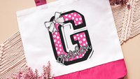 personalized initial tote bags for her, secret Santa gifts for teenage girls, bubblegum pink name tote book bag for school, Christmas gifts