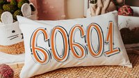 custom zip code pillow lumbar decorative bed pillow cover cute dorm pillows for girls, moving gift for daughter, purple school spirit decor