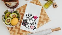 I kiss better than I cook funny kitchen hand towels for wedding gift, Valentines Day kitchen towel for chef, cute Valentines gifts for wife