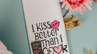 I kiss better than I cook funny kitchen hand towels for wedding gift, Valentines Day kitchen towel for chef, cute Valentines gifts for wife