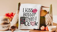I kiss better than I cook funny kitchen hand towels for wedding gift, Valentines Day kitchen towel for chef, cute Valentines gifts for wife