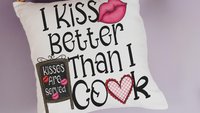 I kiss better than I cook funny kitchen hand towels for wedding gift, Valentines Day kitchen towel for chef, cute Valentines gifts for wife