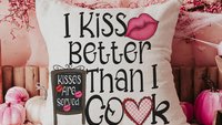 I kiss better than I cook funny kitchen hand towels for wedding gift, Valentines Day kitchen towel for chef, cute Valentines gifts for wife