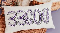 custom zip code pillow lumbar decorative bed pillow cover cute dorm pillows for girls, moving gift for daughter, purple school spirit decor