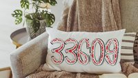 custom zip code pillow lumbar decorative bed pillow cover cute dorm pillows for girls, moving gift for daughter, purple school spirit decor