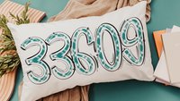 custom zip code pillow lumbar decorative bed pillow cover cute dorm pillows for girls, moving gift for daughter, purple school spirit decor