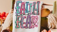 faith over fear Christian kitchen towels for gifts, colorful decorative hand towels for guest bath, faith gifts for sister, Easter hostess