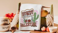 Howdy Valentines hand towels for besties, funny kitchen towels for couples, southwestern style Valentines kitchen decor, Galentines Day gift