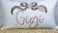 personalized blush pink gigi throw pillow for bed, leopard print bow coquette pillow cover 12 by 20, mother in law mothers day gifts