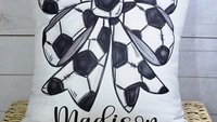 personalized soccer coquette bow throw pillow with name, soccer gifts for girls, cute soccer senior gifts for daughter, soccer rally towels