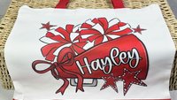 personalized cheer tote bag with name, red school spirit college cheerleading gear, cheerleader gifts for girls senior night gifts cheer