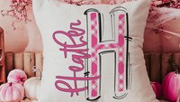 personalized pink plaid throw pillow with name, new home gifts for girls, teenage girl bedroom decor, tween girl birthday gifts, initial