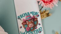 cowgirl Valentines hand towels for besties, cute cow gifts for cow lovers, funny kitchen towels for couples, Howdy Valentines day gifts for