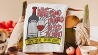 wine true crime in bed by 9 funny kitchen towels for women, true crime gift for her, serial killers and chill hand towel for guest bathroom