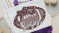 personalized seersucker football tote bag for school, maroon school spirit bag with name, senior gifts for cheerleaders, football cheer mom