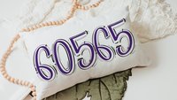 custom zip code pillow lumbar decorative bed pillow cover cute dorm pillows for girls, moving gift for daughter, purple school spirit decor