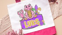 personalized Mardi Gras alligator tote bag for boys, Louisiana gator gifts for kids, carnival parade bag with name, king cake baker merch
