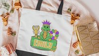 personalized Mardi Gras alligator tote bag for boys, Louisiana gator gifts for kids, carnival parade bag with name, king cake baker merch