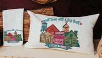 custom main street Valentine throw pillows 12 x 20, personalized small town big heart tea towel for couples, zip code home gift for in laws