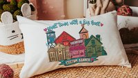 custom main street Valentine throw pillows 12 x 20, personalized small town big heart tea towel for couples, zip code home gift for in laws