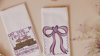 God has a way loaves and fish Christian kitchen towels for Mom, pink bow coquette hand towel for guest bathroom, Bible verse kitchen decor