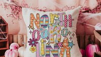 pink checkered North Carolina throw pillow for couch, NC gifts, real estate office decor, new realtor gifts, colorful floral decorative