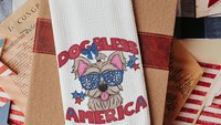 dog bless America Yorkshire terrier kitchen towel for gifts, red white and blue patriotic dog hand towel for guest bathroom, Yorkie gift