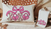 pink bow Valentines coquette lumbar throw pillows for couch, xoxo Valentines kitchen towels for bride, key to my heart decorative pillows