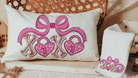 pink bow Valentines coquette lumbar throw pillows for couch, xoxo Valentines kitchen towels for bride, key to my heart decorative pillows